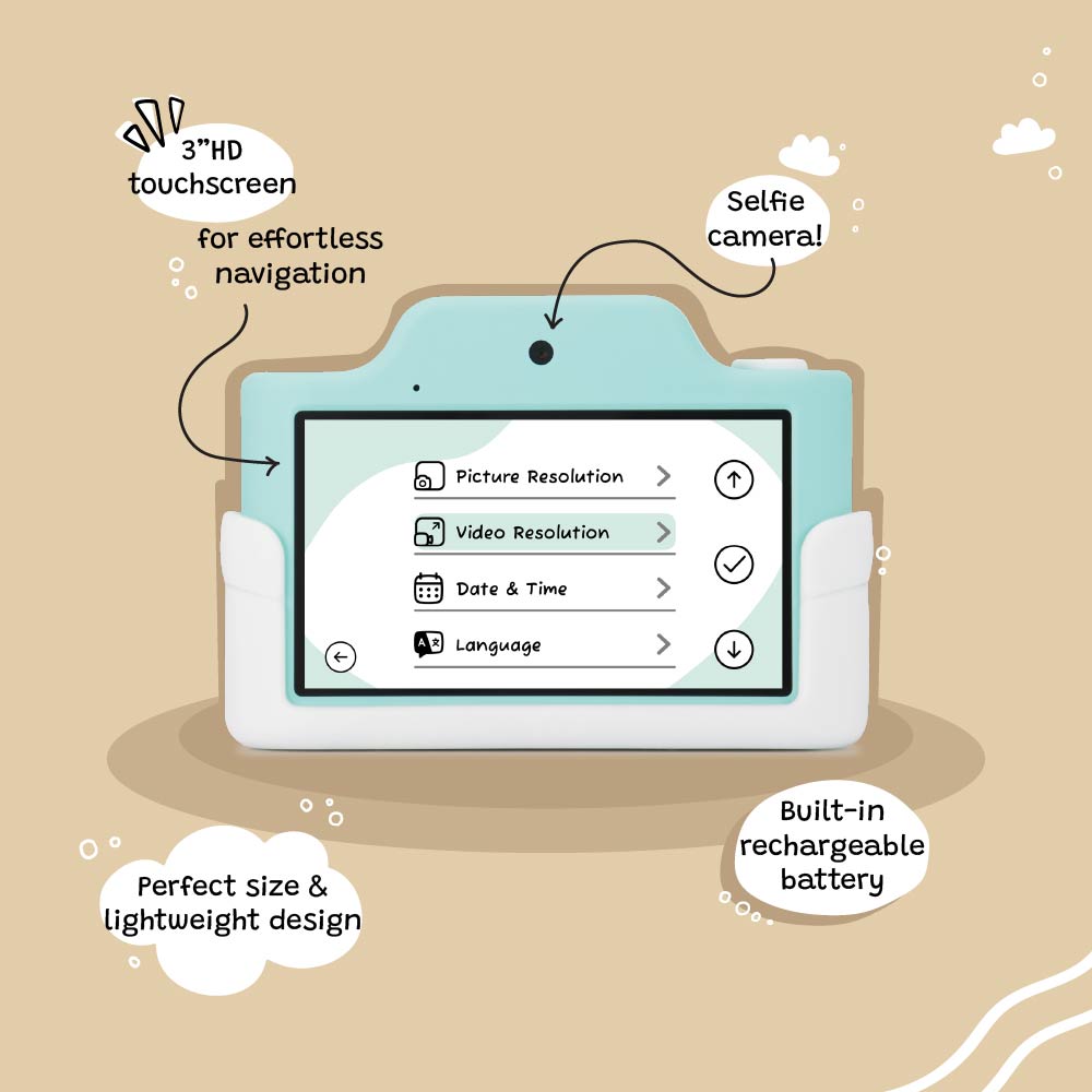 Back view of Kidamento Model K Zippy the Sloth kids digital camera showing menu screen with video and picture resolution options, 3-inch HD touchscreen, selfie camera, and rechargeable battery