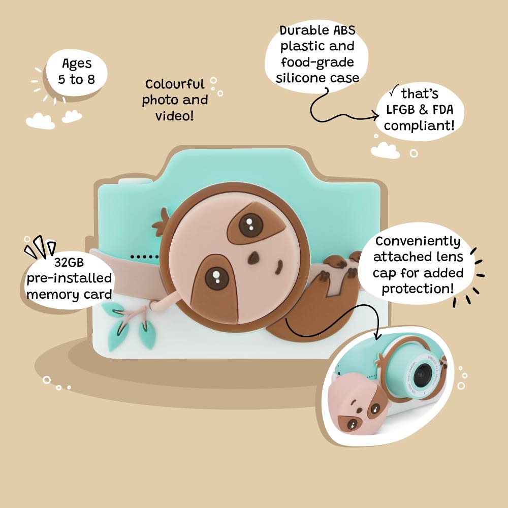 Front view of Kidamento Model K Zippy the Sloth kids digital camera highlighting 32GB memory, durable ABS and food-grade silicone case, lens cap protection, and colorful photo and video features