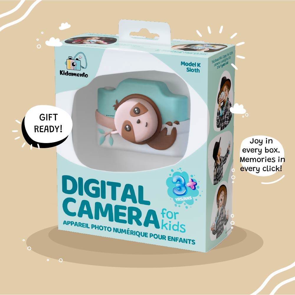 Kidamento Model K Zippy the Sloth kids digital camera in retail packaging box, gift-ready design for children ages 3 and up