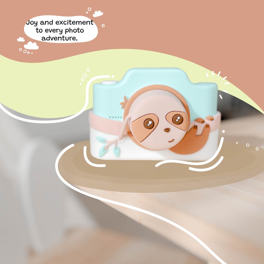 Kidamento Model K Zippy the Sloth kids digital camera displayed on a wooden table, highlighting its playful and colorful sloth design