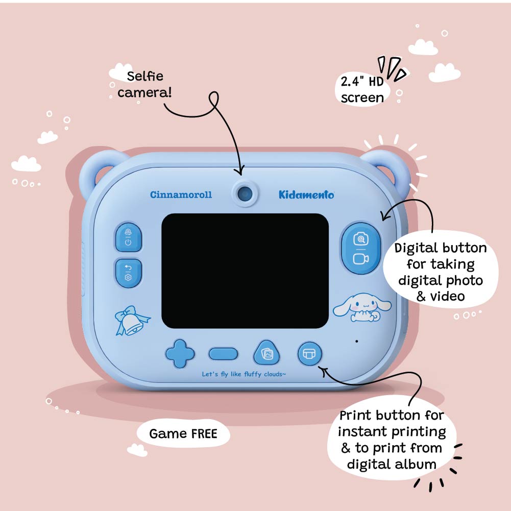 Back view of the Kidamento Model P Cinnamoroll kids’ digital camera showing labeled features including the selfie camera, 2.4-inch IPS screen, digital photo/video button, and print button for instant prints or printing from the digital album. Background is pink with playful cloud illustrations. And it's game free.