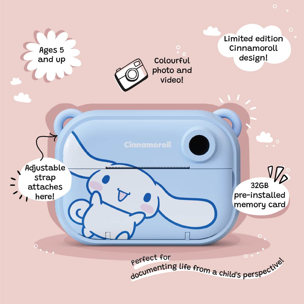 Front view of the Kidamento Model P Cinnamoroll kids’ digital camera on a pink background, with callouts showing its features: ages 5 and up, colorful photo and video, limited edition Cinnamoroll design, 32GB memory, and adjustable strap attachment.