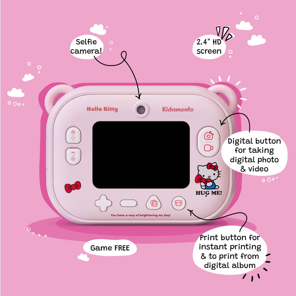Back view of the Kidamento Hello Kitty Model P digital camera for kids, showcasing a 2.4-inch IPS screen, selfie camera, and clearly labeled buttons. Features include a digital shutter button for photo and video capture, a print button for instant printing and album reprints, and Hello Kitty-themed decorations on a pastel pink camera body.