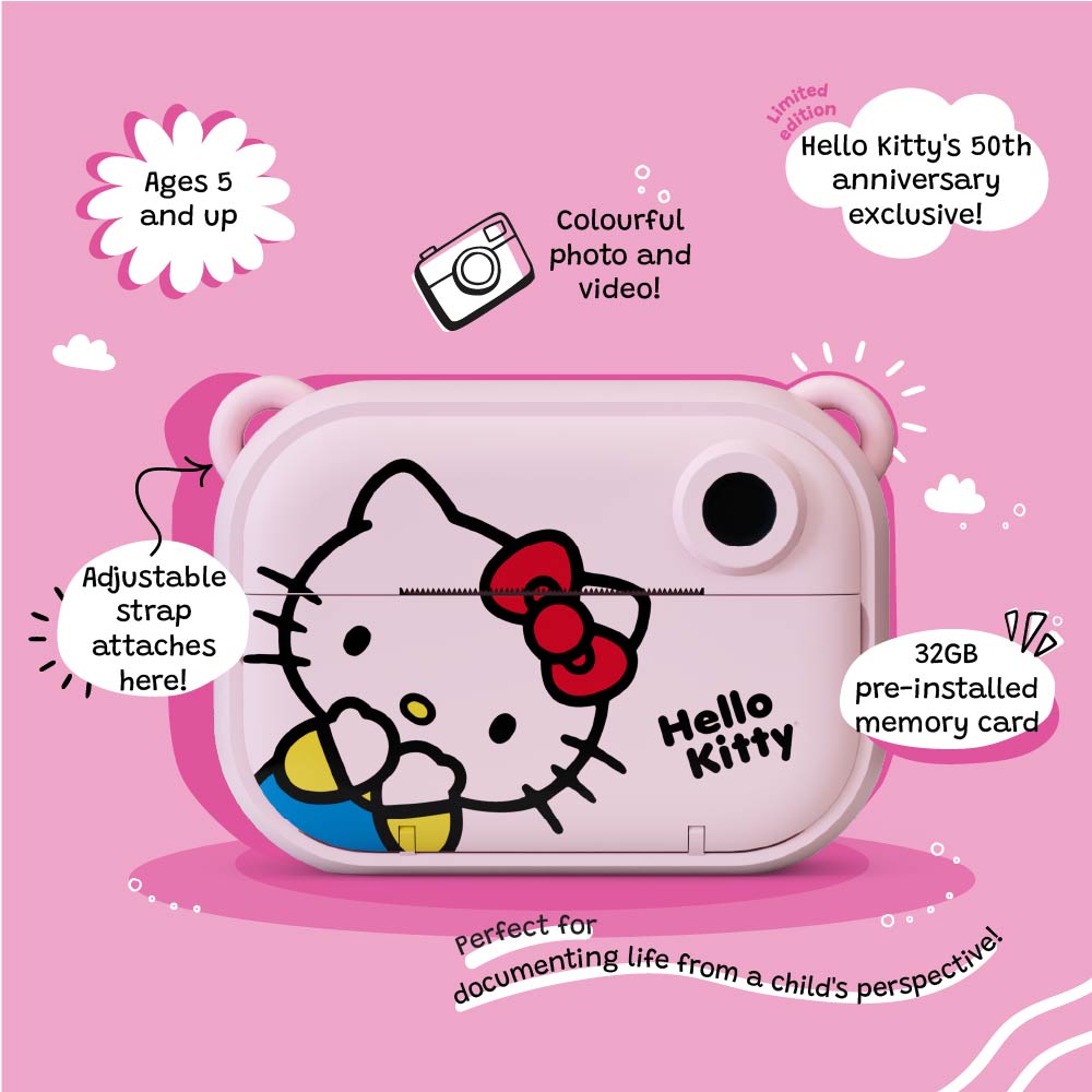 Front view of the Kidamento Hello Kitty Model P kids digital camera, featuring Hello Kitty’s face on a pastel pink body. Image highlights include adjustable strap attachment, 32GB memory, full-color photo and video capability, and a 50th anniversary limited-edition design. Suitable for ages 5 and up.