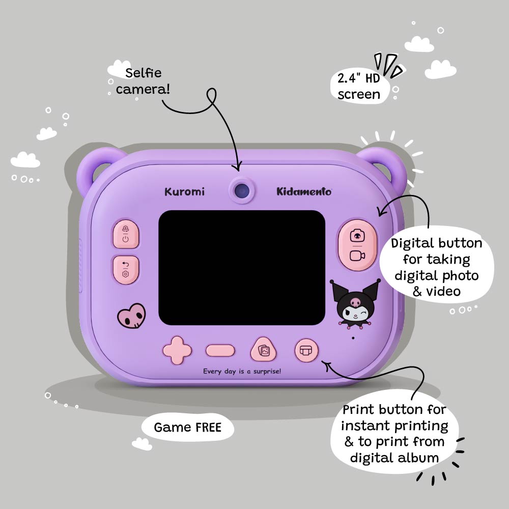 Kids digital camera Model P Kuromi Kidamento – showcasing 2.4‑inch IPS screen, selfie camera, print & photo buttons on gray background.  And it's game free.