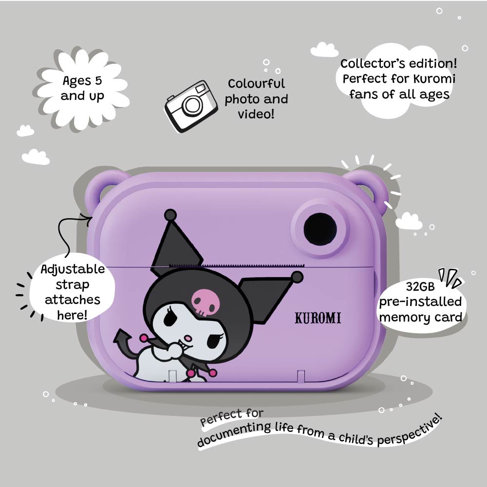 Kids digital camera Model P Kuromi Kidamento – adjustable strap attachment point and 32GB memory, on gray background