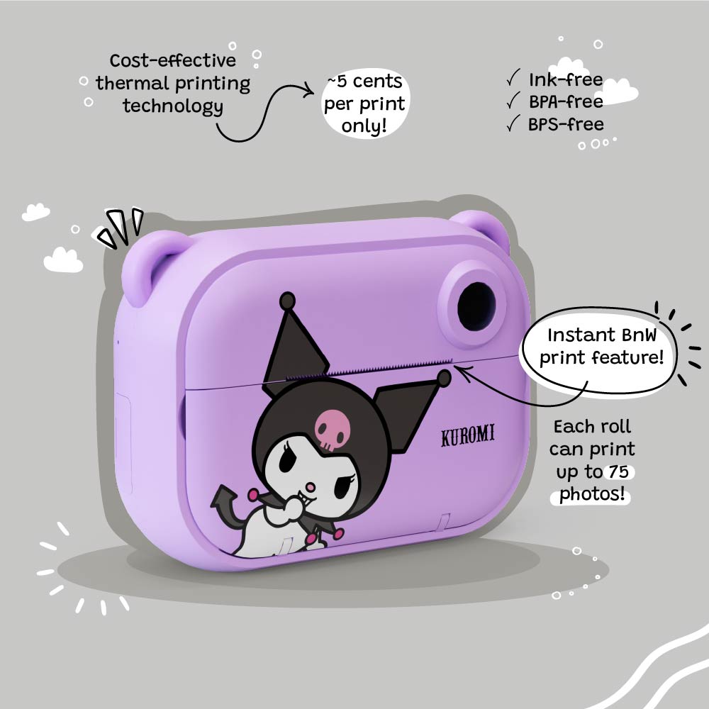 Kids digital camera Model P Kuromi Kidamento – showcasing instant thermal print feature on gray background