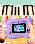 Kids digital camera Model P Kuromi Kidamento – lifestyle shot of a child holding the camera while playing colorful piano keys