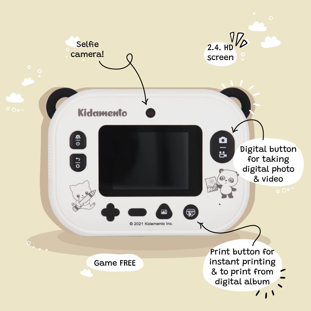 Kids digital camera Model P Panda by Kidamento shown from the back, featuring a selfie camera, 2.4'' HD screen, and buttons for printing and digital photos. And it's game free.