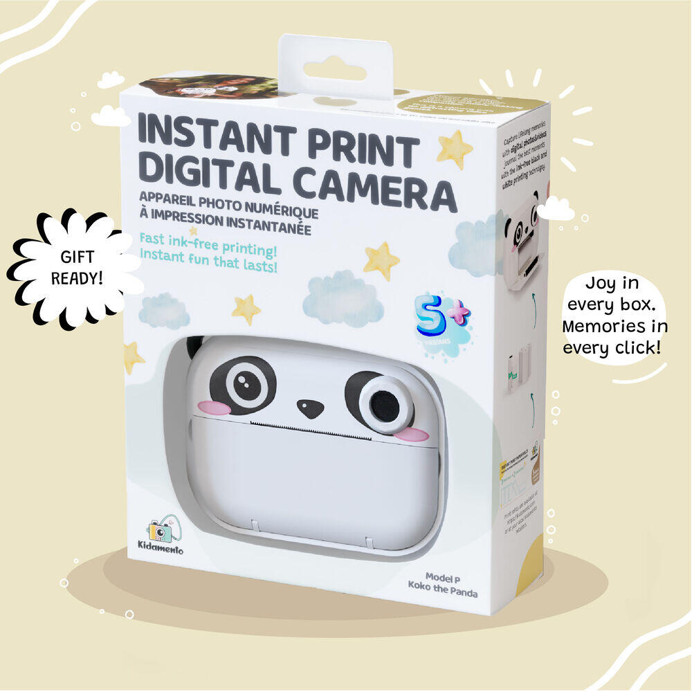 Retail packaging of Kidamento Model P Panda instant print kids camera, showing gift-ready box design for ages 5 and up.