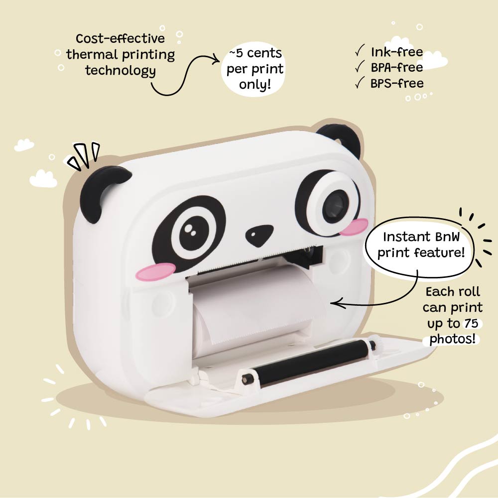 Close-up of Kidamento's Panda Koko kids’ camera with the thermal printer door open, highlighting ink-free black and white printing and eco-friendly features.