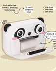 Close-up of Kidamento's Panda Koko kids’ camera with the thermal printer door open, highlighting ink-free black and white printing and eco-friendly features.