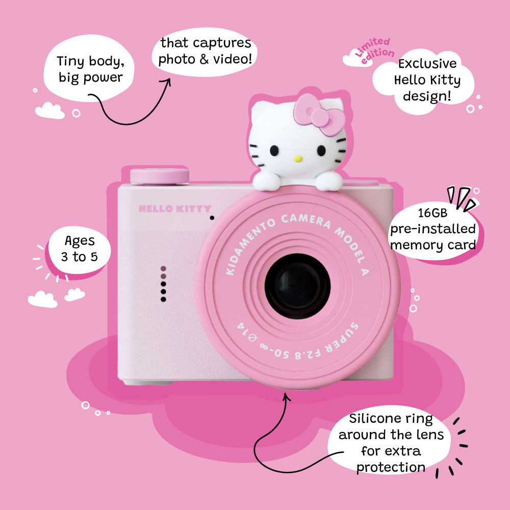 Hello Kitty Model A Kids Digital Camera - Front View Highlighting Features: Exclusive Hello Kitty Design, 32GB Memory, Photo and Video Capture, Ages 3 to 5, Silicone Lens Protection Ring, Compact but Powerful.