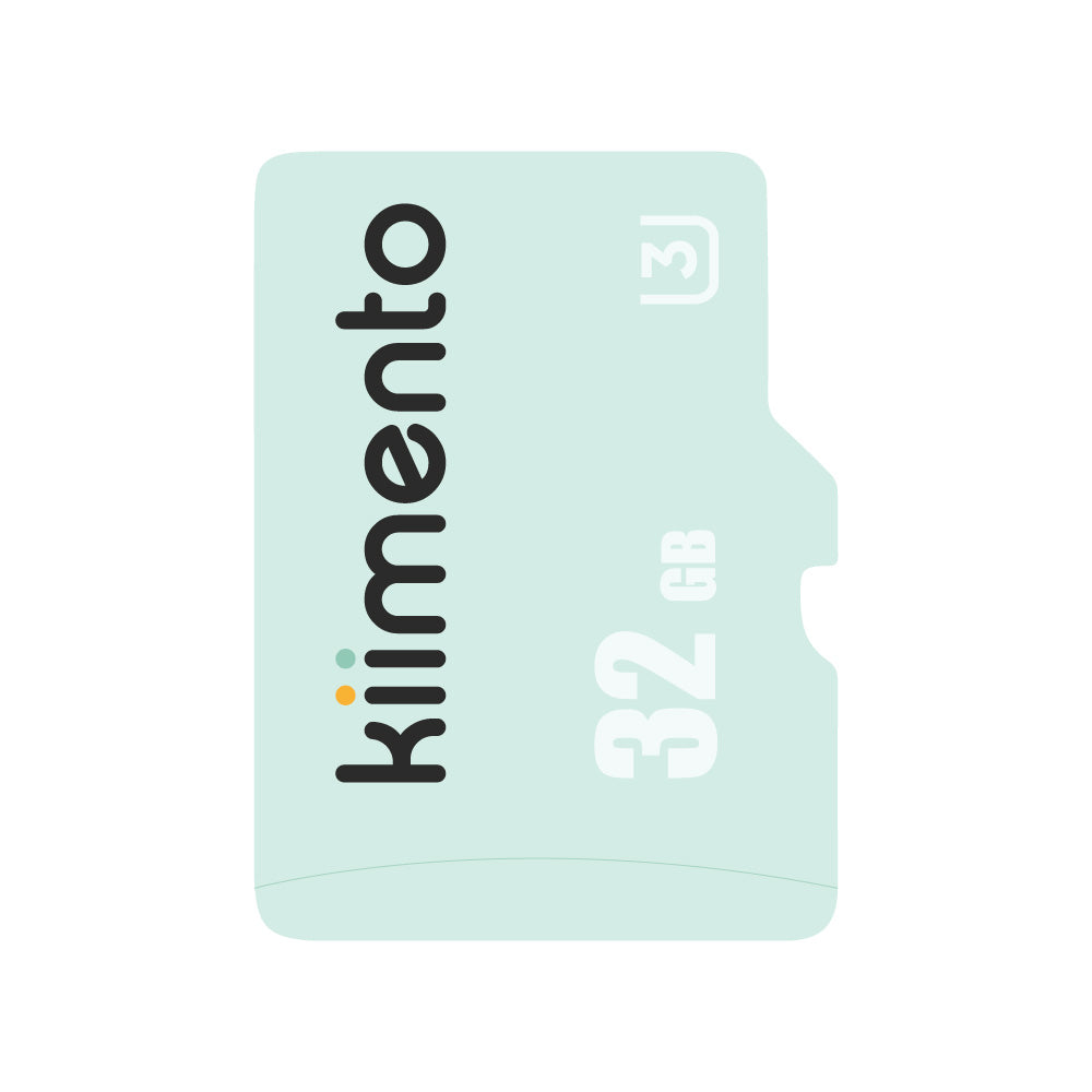 A light blue 32GB microSDHC memory card with "kiimento" branding and a speed class 3 icon.