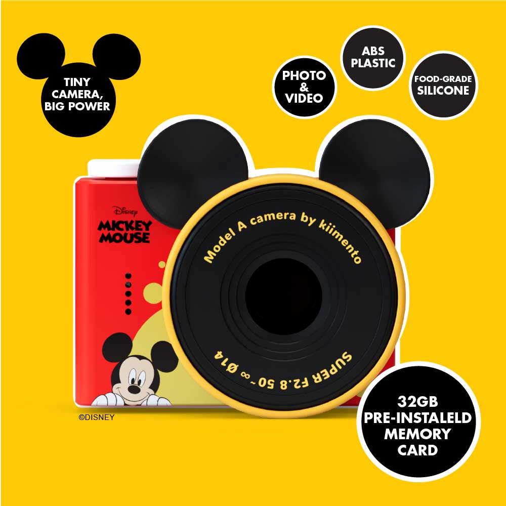 Mickey Mouse mini camera with Mickey ears and red body.