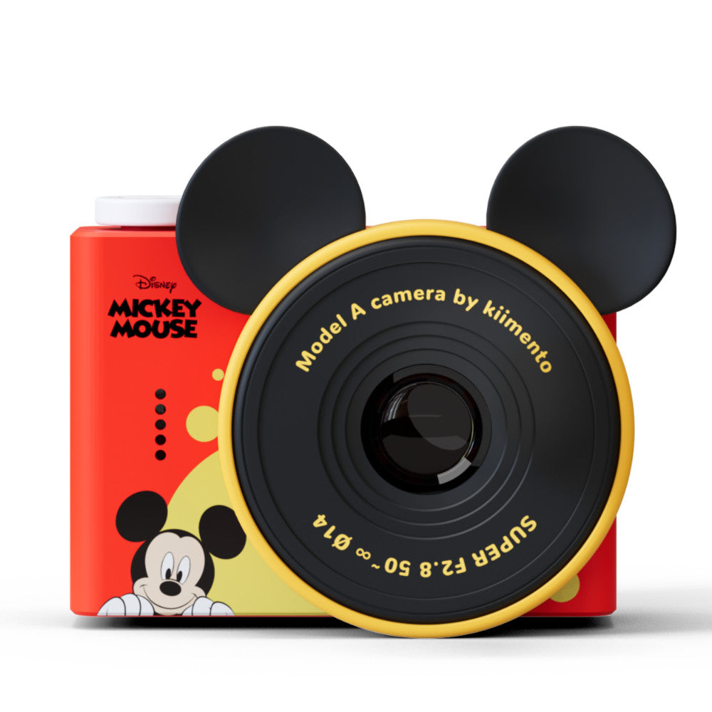 Mickey Mouse mini camera with black ears and a yellow-rimmed lens.