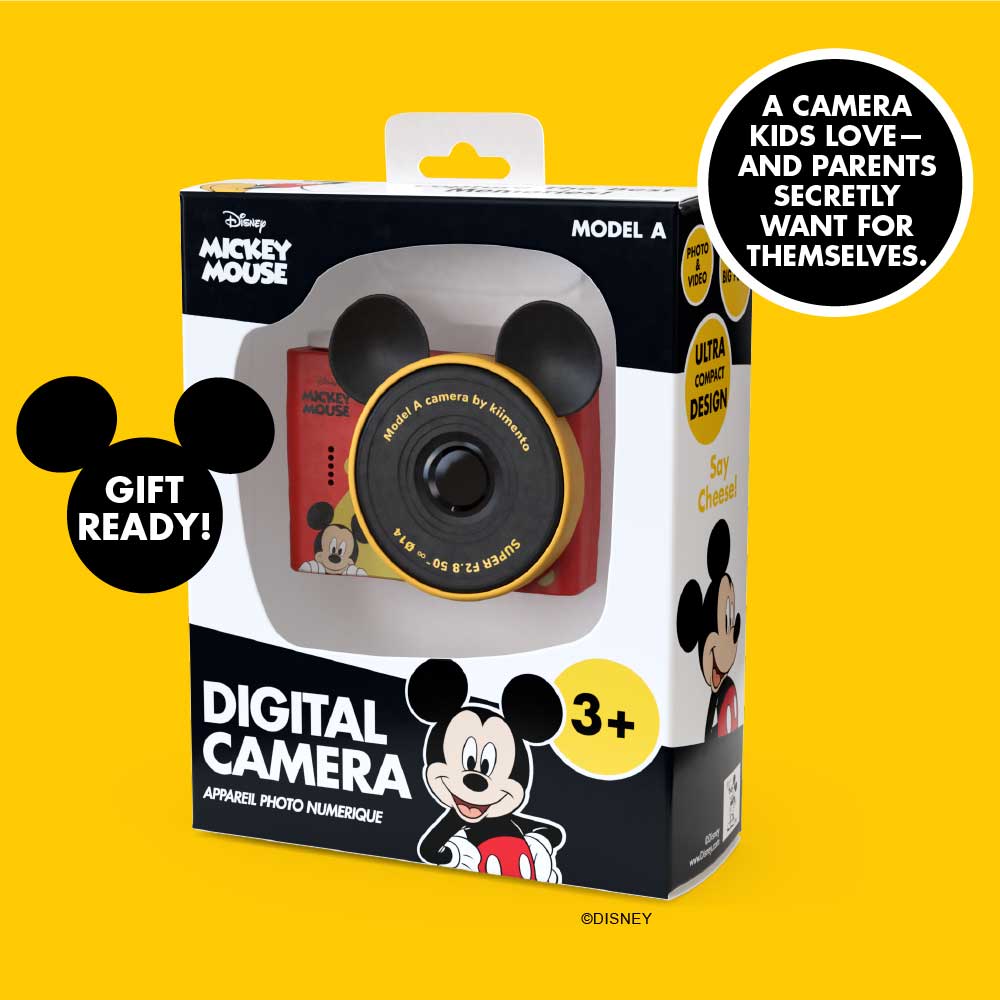 Mickey Mouse mini camera with iconic ears and red accents.
