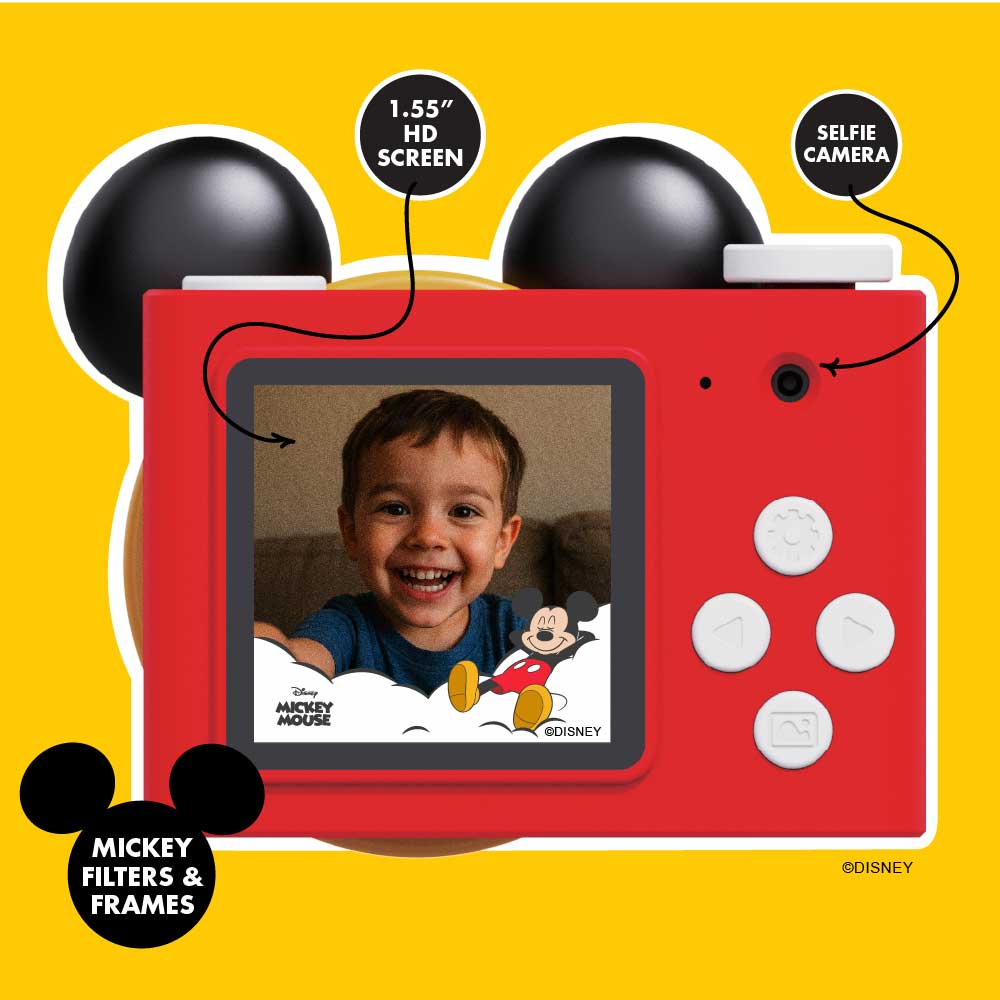 Mickey Mouse mini camera with a child's photo on the screen.