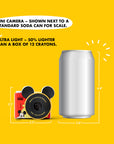 Mickey Mouse mini camera with iconic ears shown next to a soda can for size comparison.