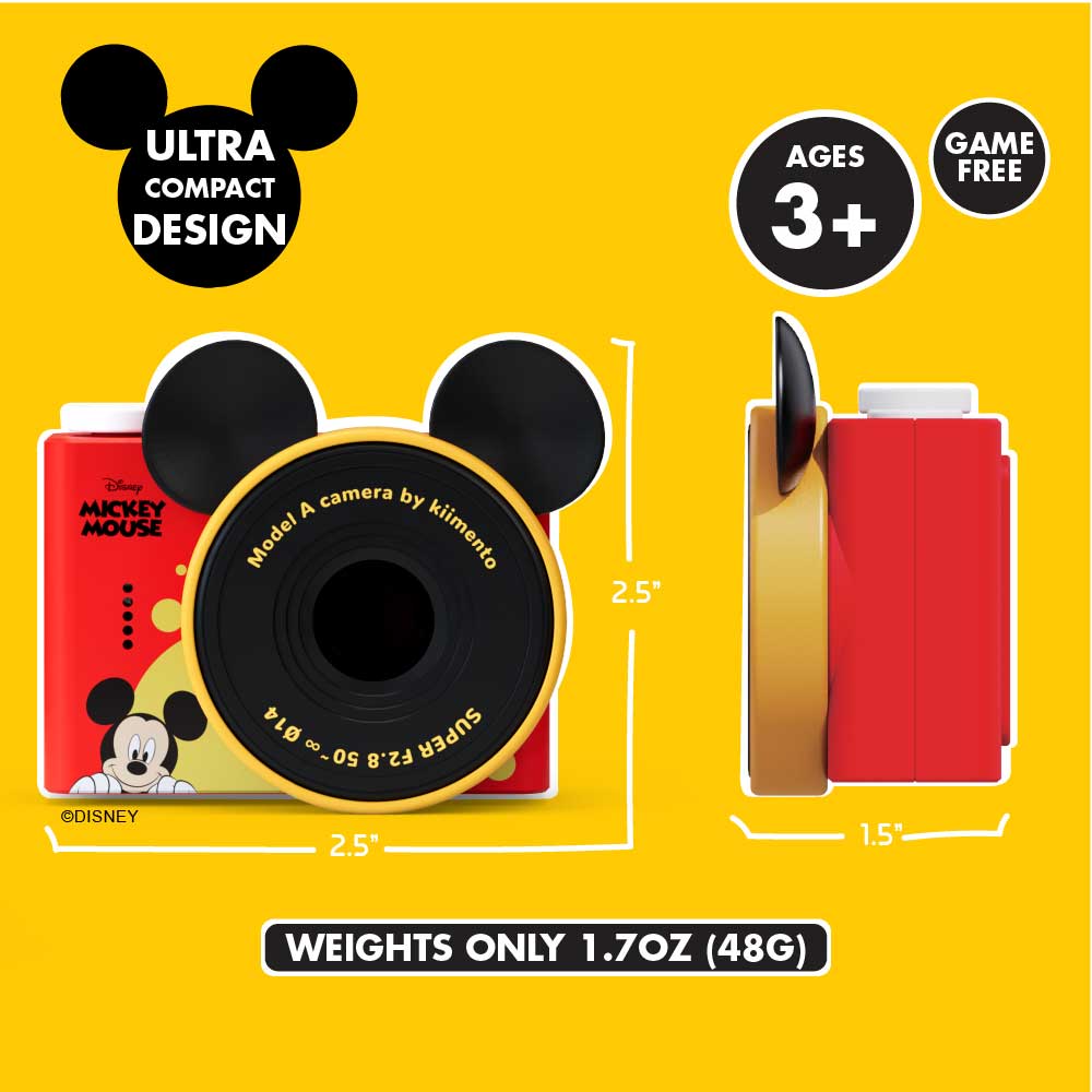 Mickey Mouse mini camera with iconic ears and red accents.