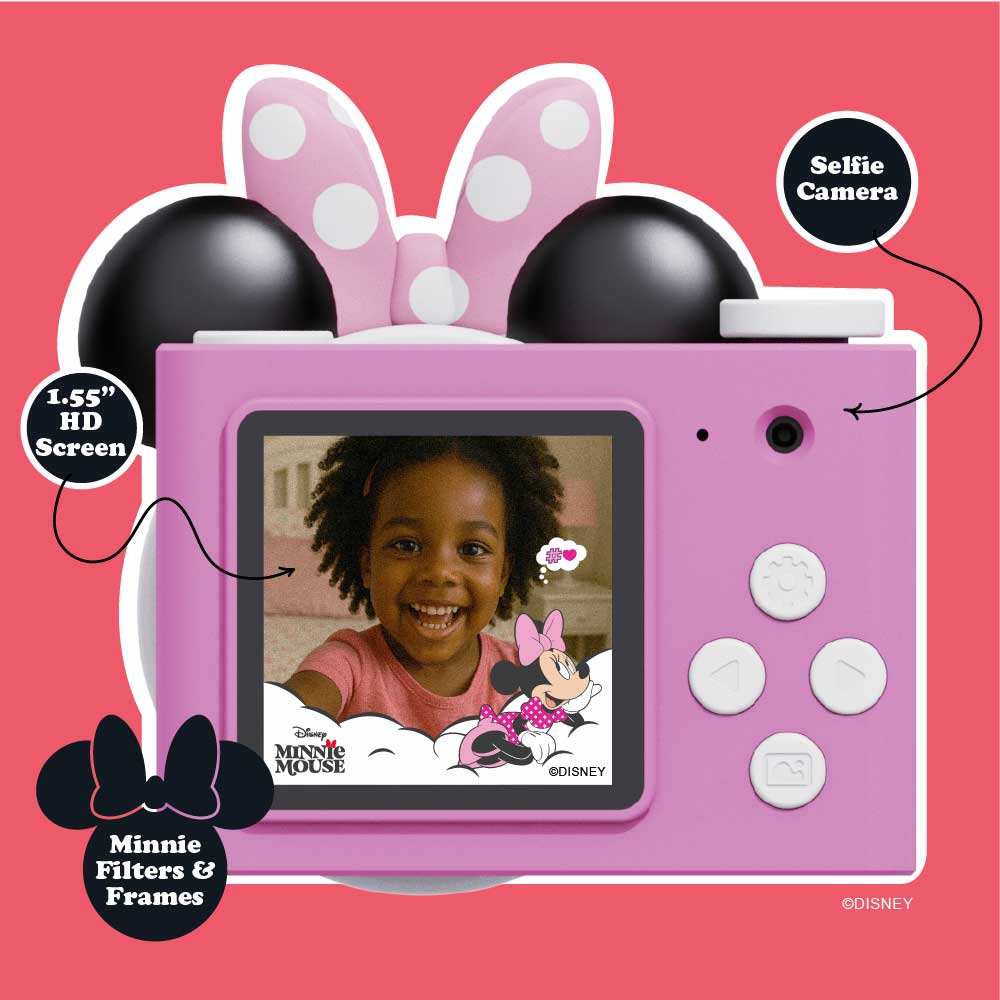 Pink Minnie Mouse mini camera with a 1.55 inch HD screen.