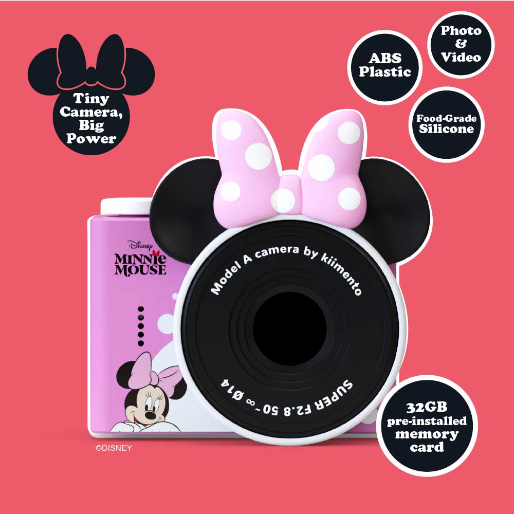 pink Minnie kids camera front view with labeled features
