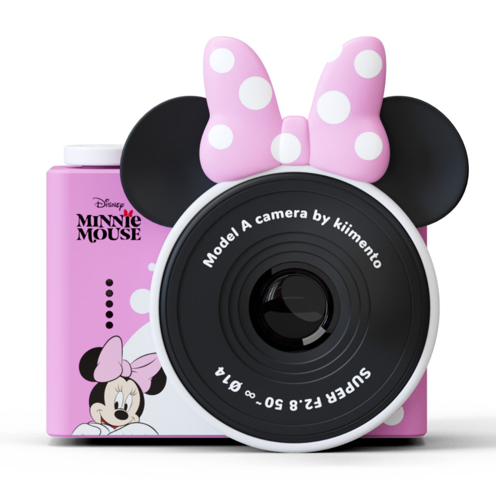Pink Minnie Mouse mini camera with a polka dot bow and ears.