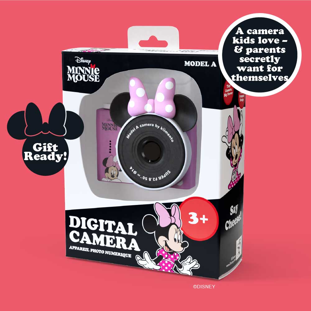 pink Minnie kids camera in retail packaging for age 3+