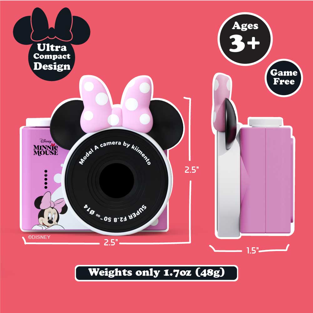 Pink Minnie Mouse mini camera with polka dot bow and ears.It's good for age 3+, and it's a game free camera.