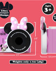 Pink Minnie Mouse mini camera with polka dot bow and ears.It's good for age 3+, and it's a game free camera.
