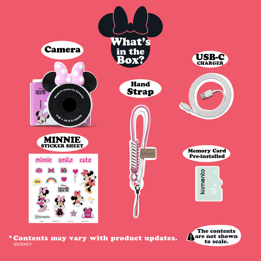 pink Minnie kids camera bundle with strap, USB-C cable, and 32GB card