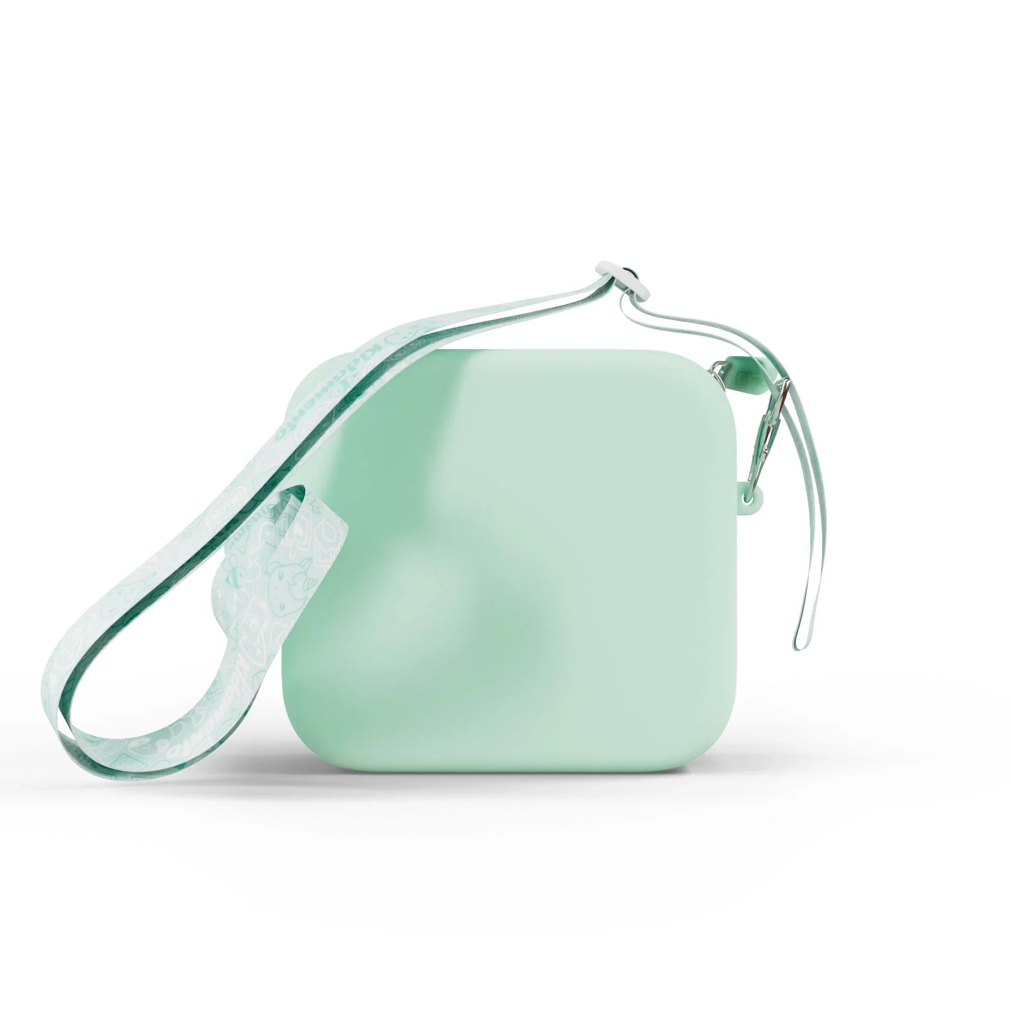 Green silicone camera bag with a patterned strap.