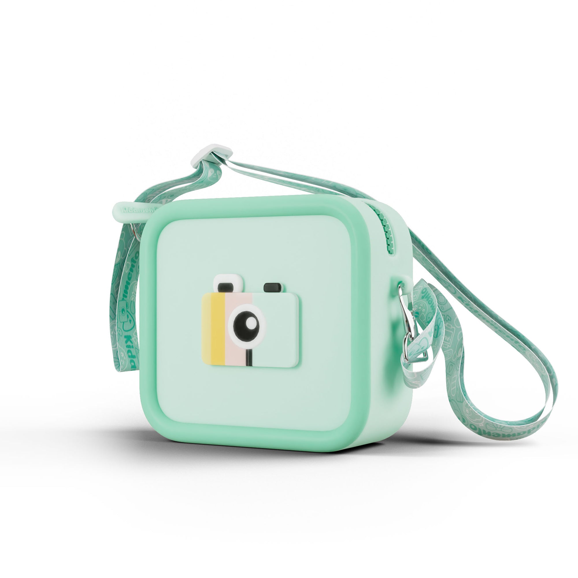 A mint green silicone camera bag with a playful camera design and a patterned strap.