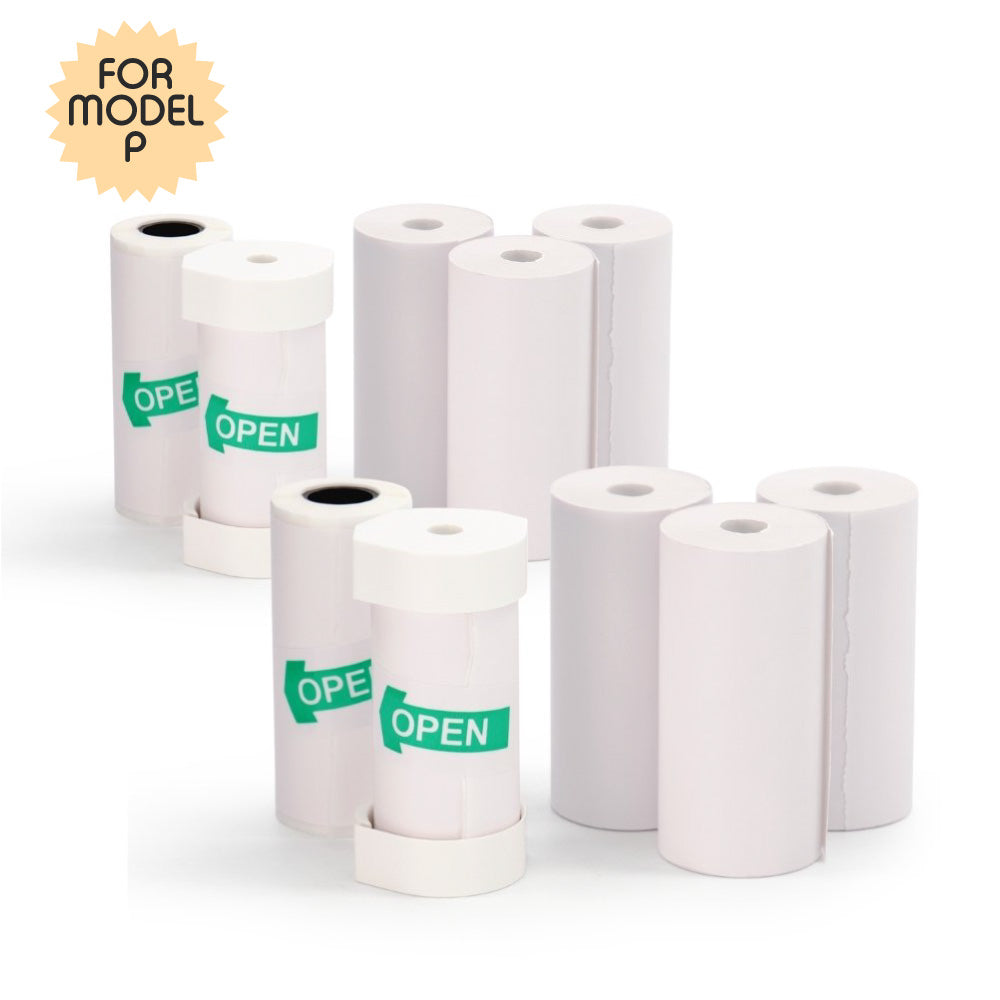 Five rolls of white thermal paper for the Model P camera, including three regular and two adhesive.