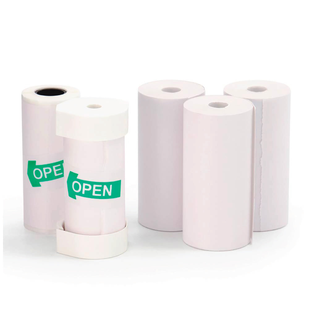 Five rolls of white thermal paper for the Model P camera, including two with green open stickers.
