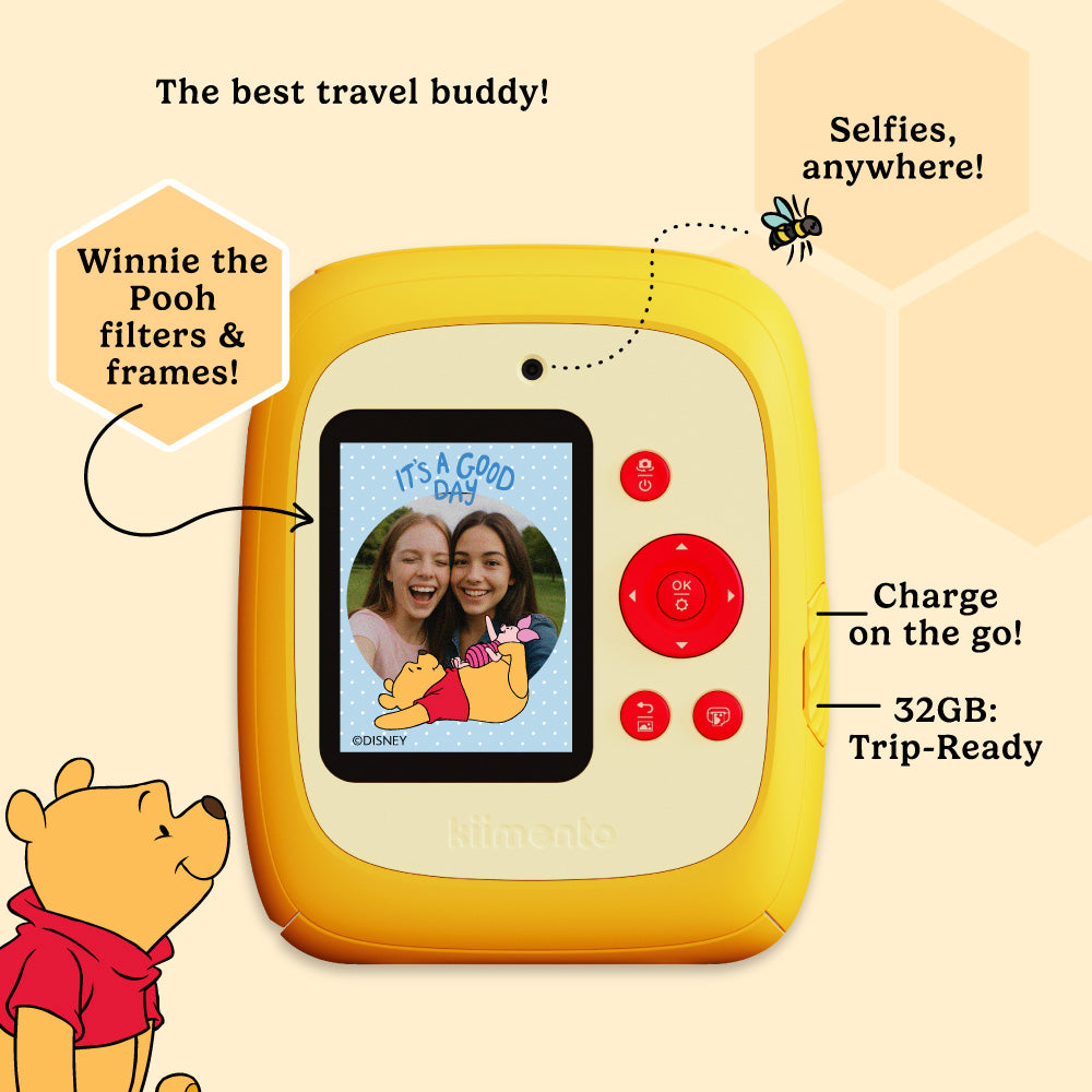 kiimento disney winnie the pooh kids camera back view with selfie screen built in frames and photo filters