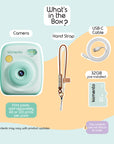 Mint Print Pro Camera with accessories including a hand strap, USB-C cable, and 32GB SD card.