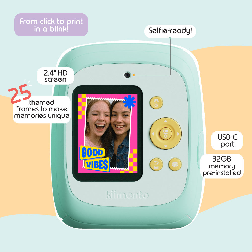 Mint Print Pro Camera with 2.4 inch screen and selfie-ready feature.