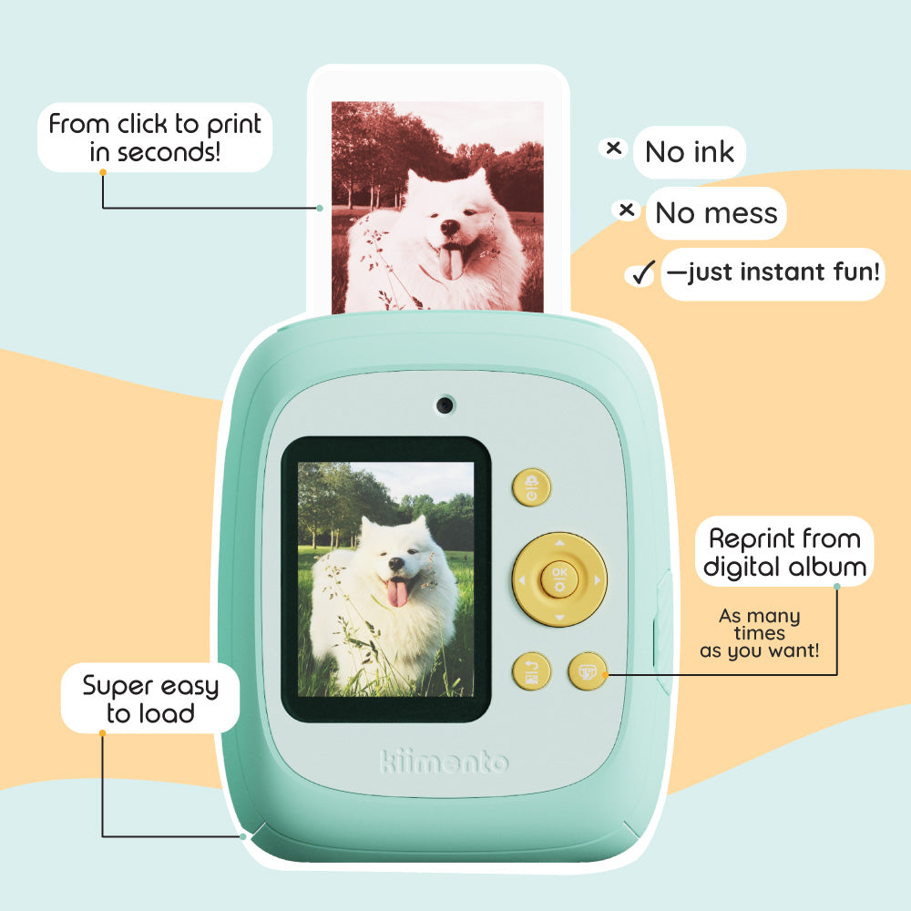 Mint Print Pro Camera with a dog photo displayed on screen and printed.