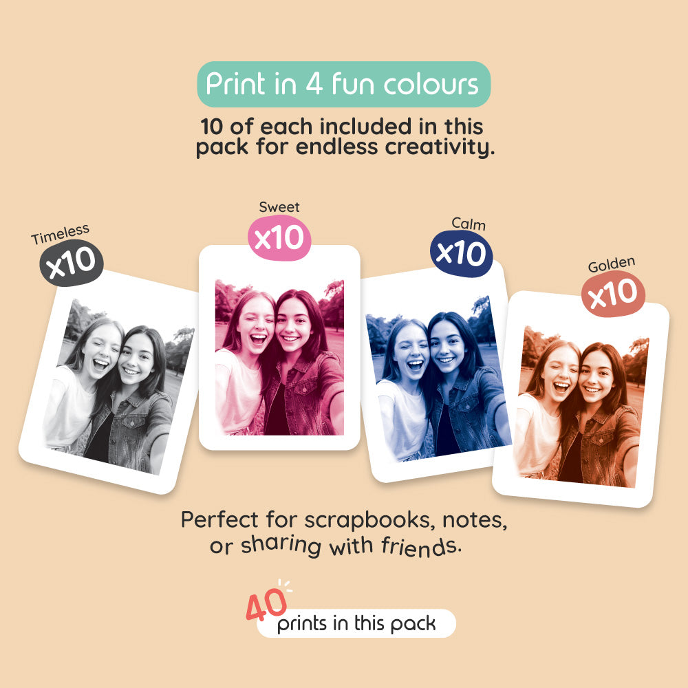 A pack of 40 photo prints in four different color styles: Timeless, Sweet, Calm, and Golden.