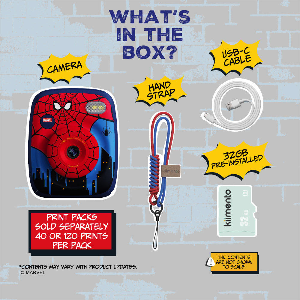 What's in the box for Spider-Man Print Pro Camera.