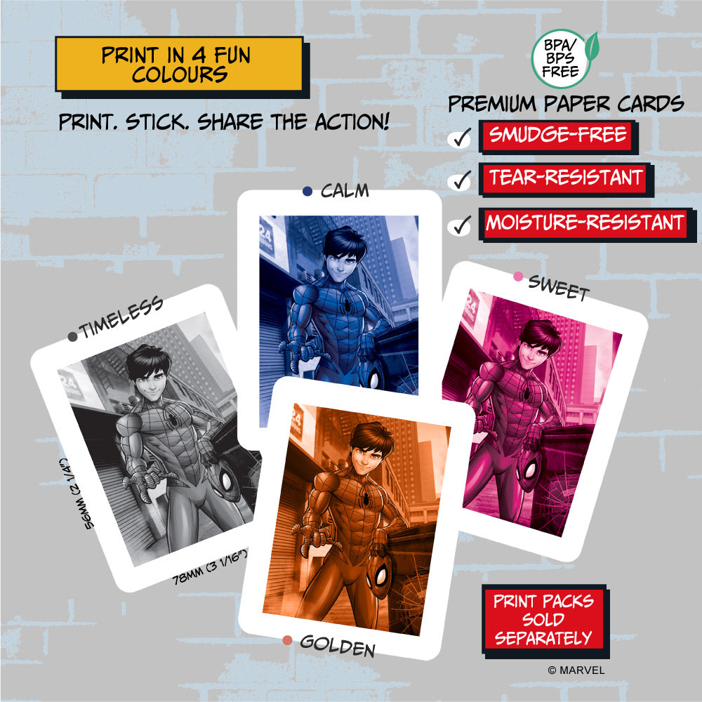 Spider-Man themed instant print camera with four color options.