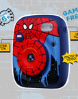 Spider-Man themed instant print camera with a red and blue web design, LED flash, and shutter button.
