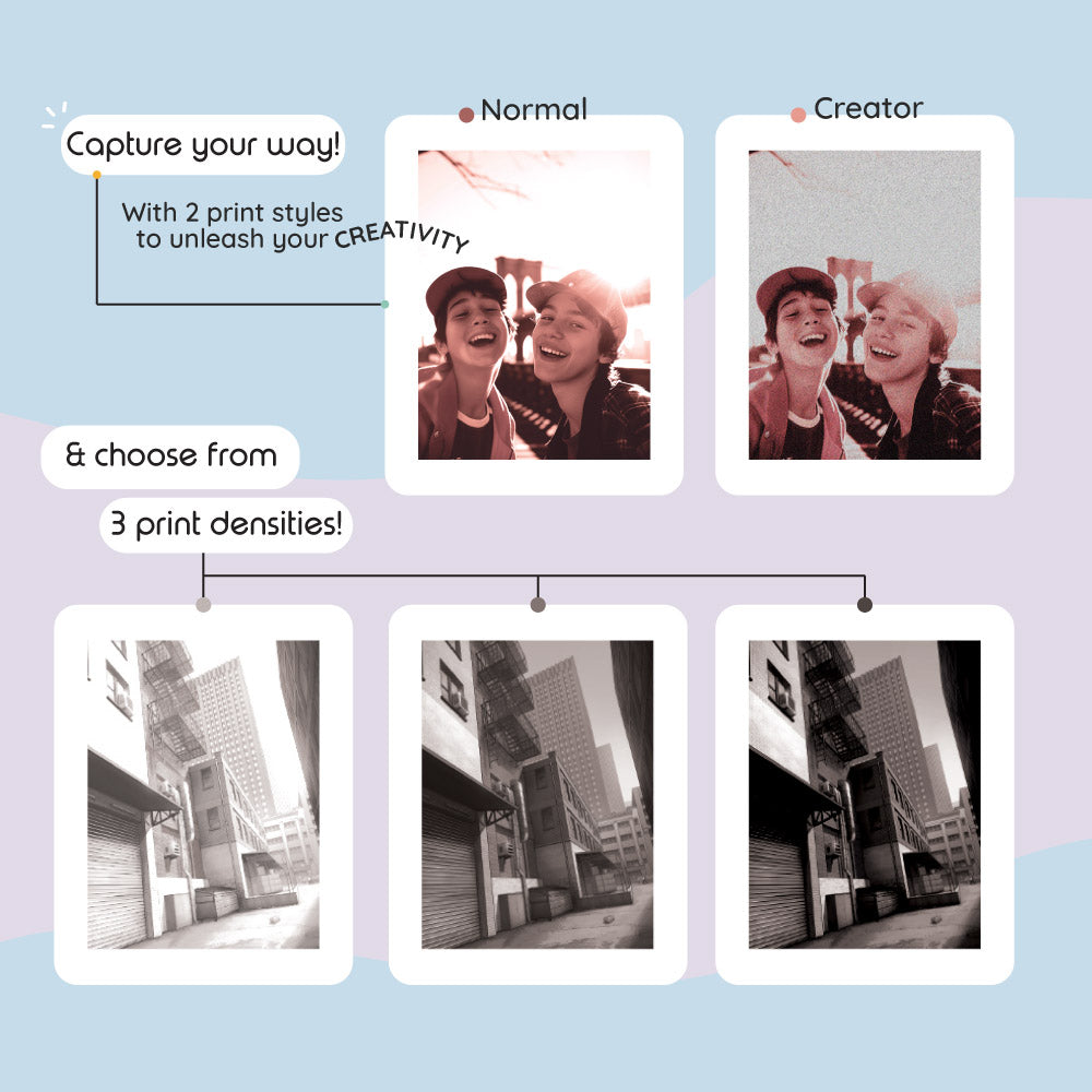 Instant camera with two print styles and three print densities.