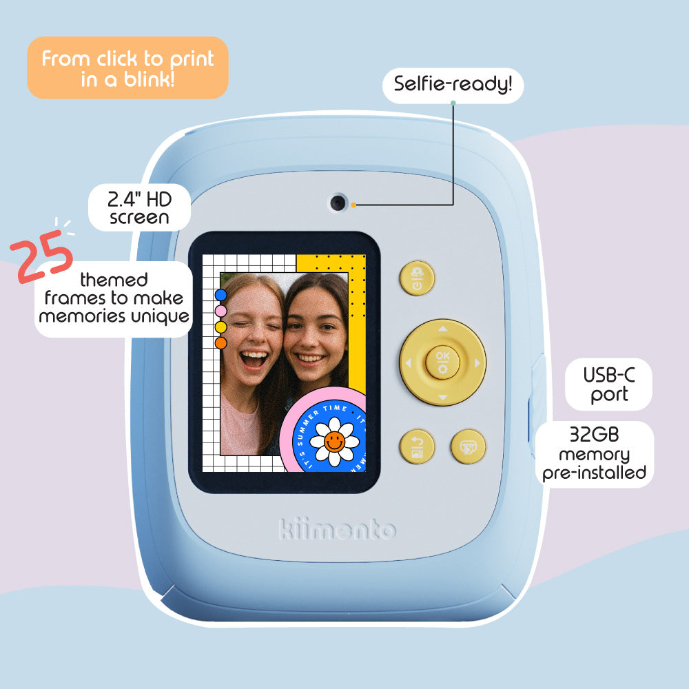 Sky blue instant print camera with a 2.4-inch screen and selfie-ready feature.