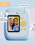 Sky blue instant print camera with a 2.4-inch screen and selfie-ready feature.