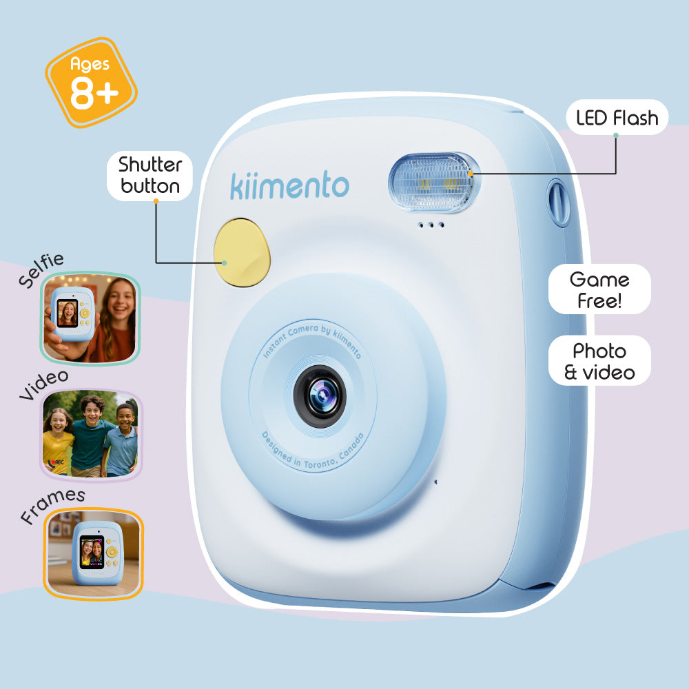 Sky blue instant print camera with selfie, video, and frame features.