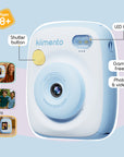 Sky blue instant print camera with selfie, video, and frame features.