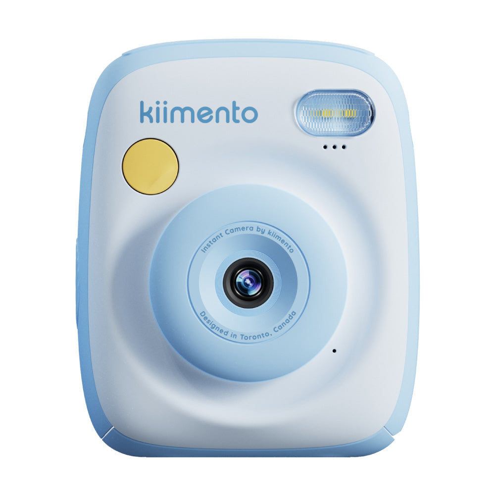 Sky blue instant print camera with yellow shutter button and flash.