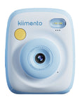 Sky blue instant print camera with yellow shutter button and flash.